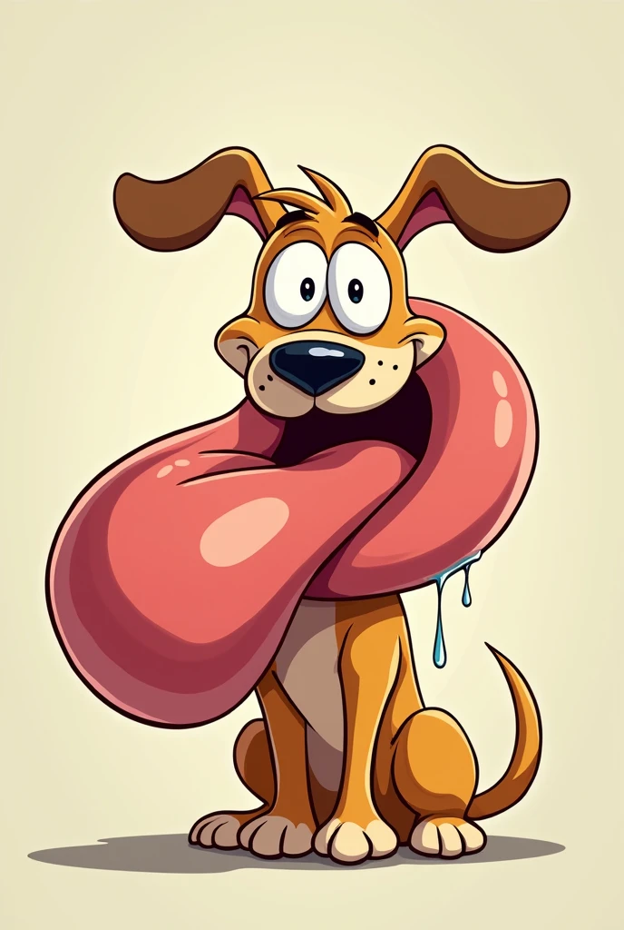 a dog with bulging eyes 
, with a very large tongue  , a giant tongue with saliva going around its own head  , the tongue goes around the dog , style cartoon
