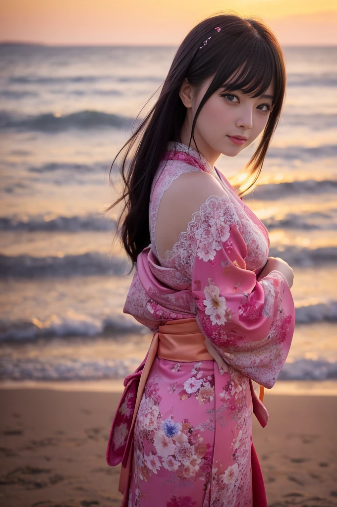 Beautiful female face, ,Vivid and charming eyes, drama, A masterpiece of the finest quality, Realistically, detailed, 8K, High Dynamic Range, Shallow depth of field, Movie Lighting, bloom, Shining, Chromatic Aberration, Clear focus: girl hugging Shiba Inu and kissing、Beautiful evening sunset ,Happy,fireworks,seaside,Real beauty and sweetness,Black hair with pink highlights,Japanese,kimono,Lace sexy dress