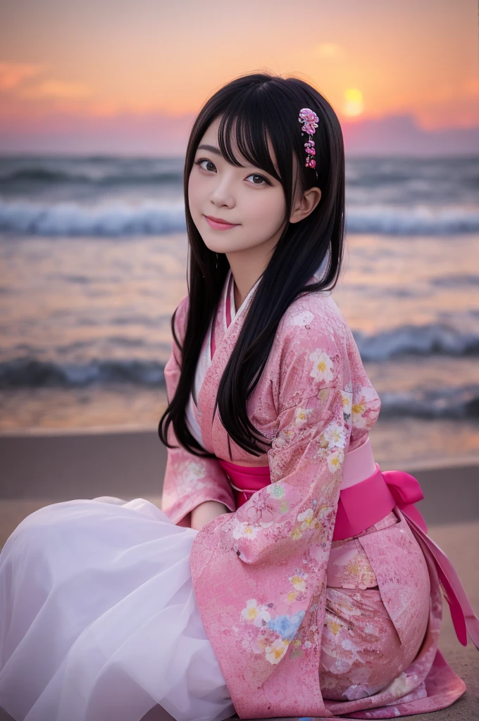 Beautiful female face, ,Vivid and charming eyes, drama, A masterpiece of the finest quality, Realistically, detailed, 8K, High Dynamic Range, Shallow depth of field, Movie Lighting, bloom, Shining, Chromatic Aberration, Clear focus: girl hugging Shiba Inu and kissing、Beautiful evening sunset ，Happy，fireworks，seaside，Real beauty and sweetness，Black hair with pink highlights，Japanese，kimono，Lace sexy dress