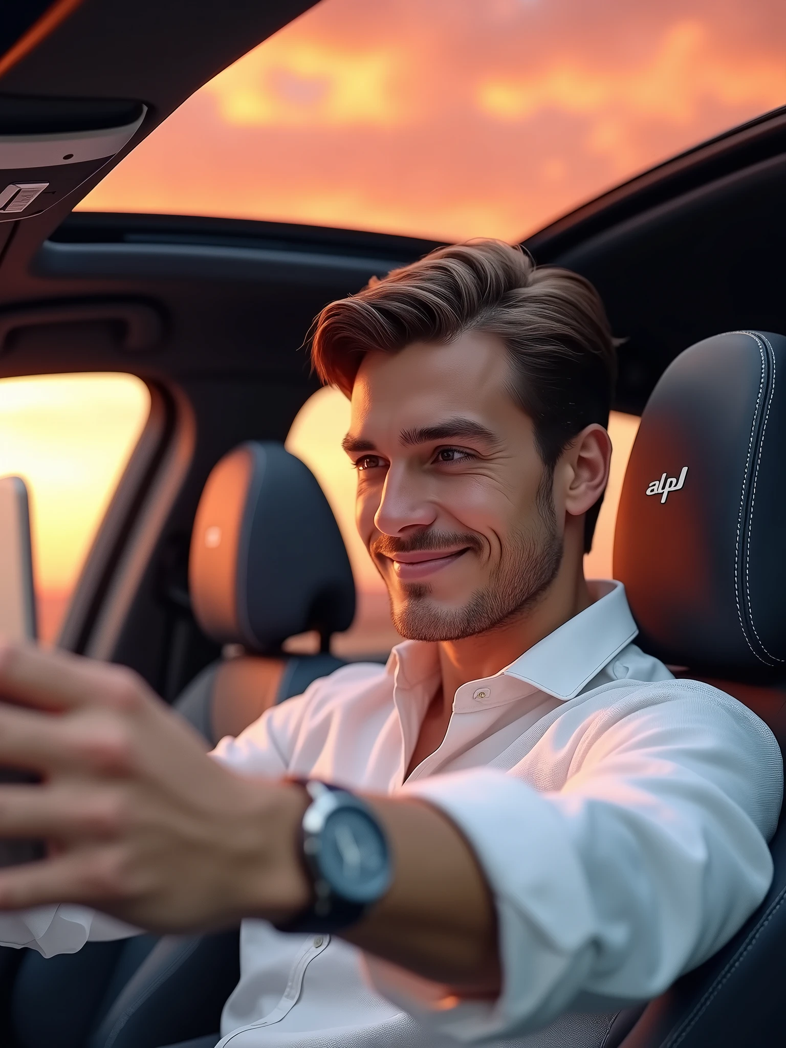 Hyperrealistic selfie of ((André, 1Man, 30 years old)), (realistic, photorealistic:1.37), ((brown hair:0.6)), ((short straight hair)), ((magnificent pair of brown eyes:0.6)), intricate details, perfect muscular body structure, clear sun-kissed skin, wearing a modern sophisticated white linen long-sleeve shirt and a modern sophisticated watch. 3/4 angle (45 degrees) camera view. Calm expression expressing deep gratitude. Holding cellphone with left hand for a side-pose selfie. Focus on André through the selfie, panoramic sunroof, sports seat with synthetic leather and embroidered "ALP" initials on headrest, and passenger side door. Natural light with magnificent pink-orange sunset. External environment. Infinity"