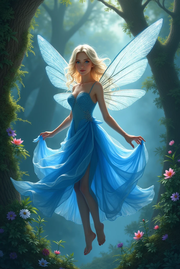 A fair-skinned fairy, blue colored eyes, very light blonde hair, pointy ears, with a blue dress and beautiful wings flying in an enchanted forest in fantasy digital illustration style as a book cover