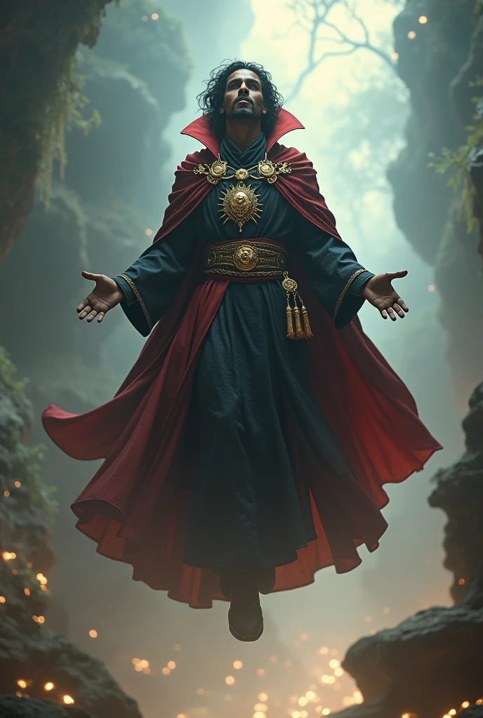 (photorealism:), Maitre des arts mystiques et invocateur inspiré des 3 grand monothéisme qui lévite de peau noire dans la tenue de docteur Strange