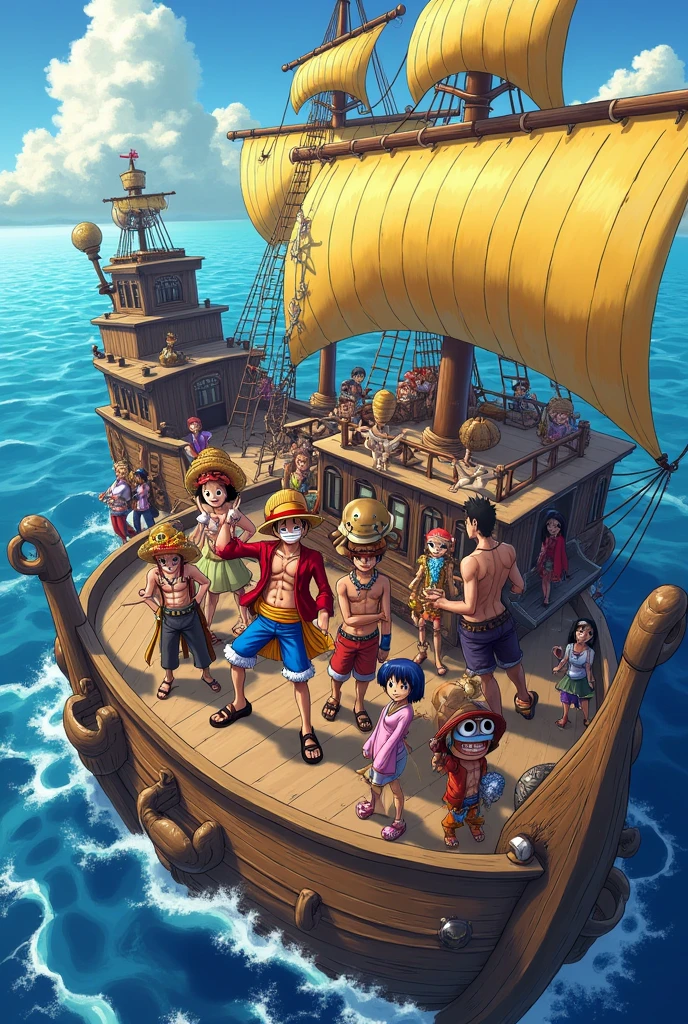 Quero uma imagem do Luffy, Sandy, zoro, Nami, Sanji, Chopper, Robin, Franky, Brook e Jimbe, no navio pirata deles