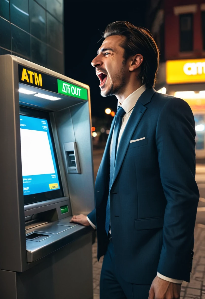 A poor working man in a cheap suit is at an ATM, the business man is freaking out with joy. the ATM is blinking Error on the screen and spitting out a constant stream of money, night
