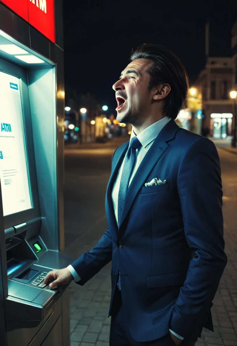 A poor working man in a cheap suit is at an ATM, the business man is freaking out with joy. the ATM is blinking Error on the screen and spitting out a constant stream of money, night
