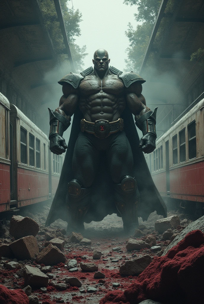 powers,omniman,surrounded by corpses,blood everywhere,destroyed metro,Underground ,accident,villain ,destroyed train,train pieces distributed,broken seats,destroyed rocks