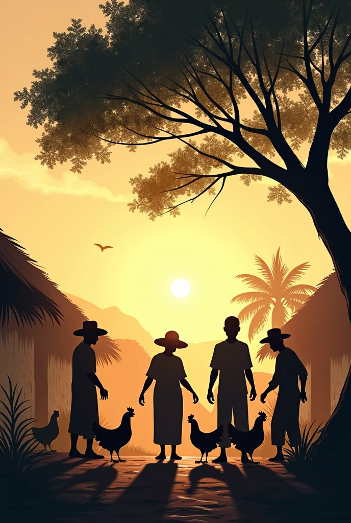 Four farmers in silhouette raising chickens with a tree giving them shade and some houses made of bareque and palm in the background