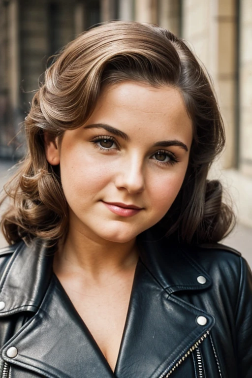 Medium view, of young aged, 16 year old, mom, gilf, milf, face portrait, jewish features, chubby, long hair, brown hair, 1940s hair style, 1940s clothing, leather jacket, in berlin 1936, sweaty