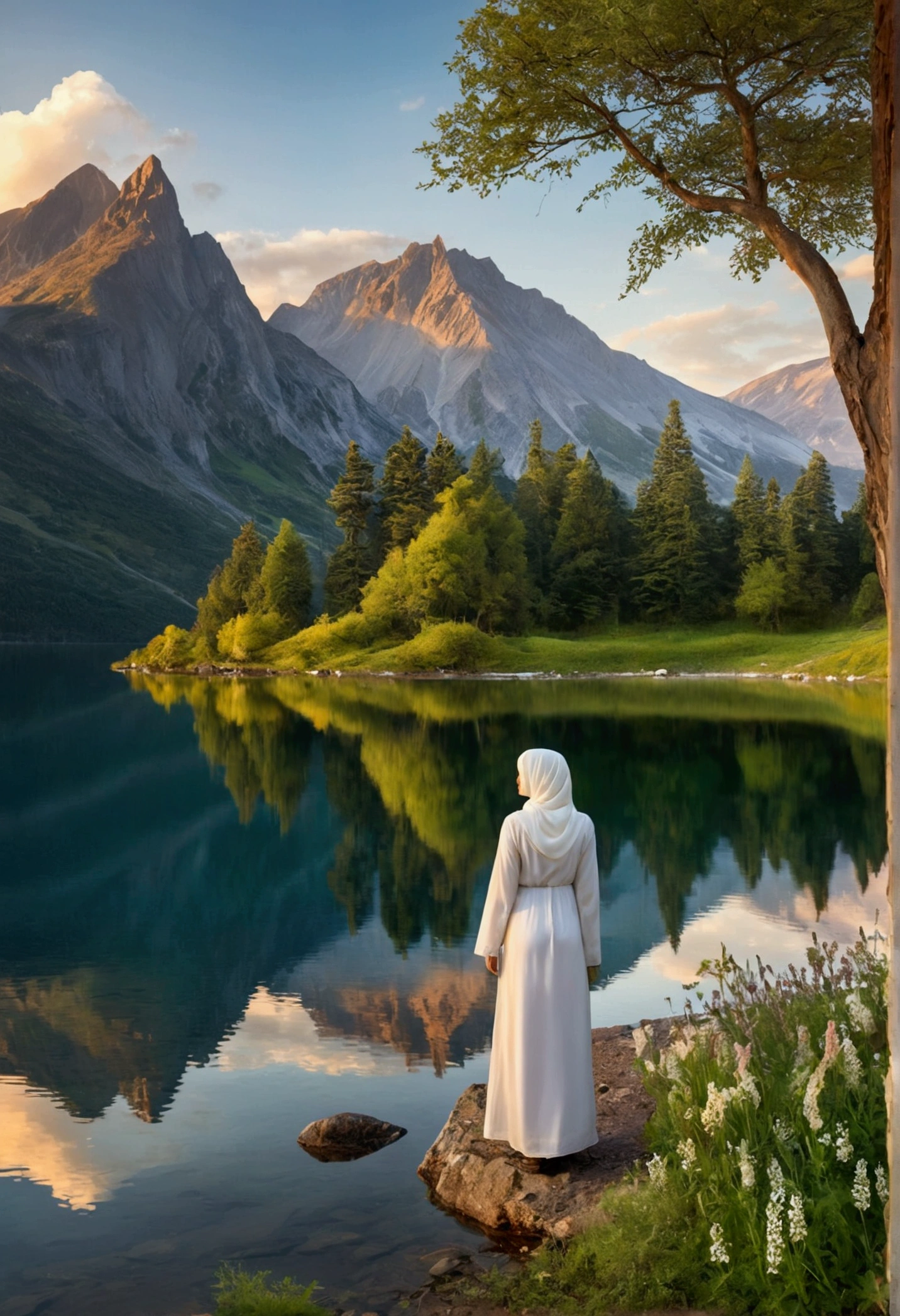 "A stunning 8K resolution landscape showcasing an early morning in a pristine mountainous region. The scene captures the golden light of the sunrise gently illuminating the rugged mountain peaks, which are partly covered with snow. A crystal-clear lake lies in the foreground, perfectly reflecting the towering mountains and the vibrant hues of the dawn sky. The water’s surface is mirror-like, adding a sense of calm and serenity to the scene. Surrounding the lake, lush green meadows are tered with colorful wildflowers, while tall, majestic trees stand by the water's edge.
On the right side of the frame, a woman stands at the edge of the lake, wearing a simple white dress and a white hijab. She gazes out at the peaceful landscape, adding a serene, contemplative human element to the vast natural beauty. Her presence conveys a sense of reflection and harmony with the tranquil surroundings. The overall atmosphere is one of peace and awe, capturing the raw beauty of nature in incredible detail."