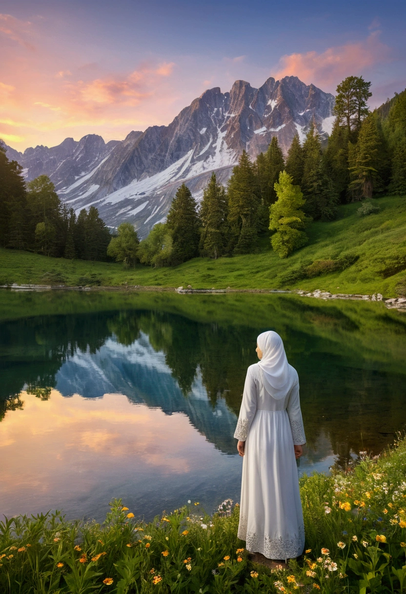 
"A stunning 8K resolution landscape showcasing an early morning in a pristine mountainous region. The scene captures the golden light of the sunrise gently illuminating the rugged mountain peaks, which are partly covered with snow. A crystal-clear lake lies in the foreground, perfectly reflecting the towering mountains and the vibrant hues of the dawn sky. The water’s surface is mirror-like, adding a sense of calm and serenity to the scene. Surrounding the lake, lush green meadows are scattered with colorful wildflowers, while tall, majestic trees stand by the water's edge.

On the right side of the frame, a woman stands at the edge of the lake, wearing a simple white dress and a white hijab. She gazes out at the peaceful landscape, adding a serene, contemplative human element to the vast natural beauty. Her presence conveys a sense of reflection and harmony with the tranquil surroundings. The overall atmosphere is one of peace and awe, capturing the raw beauty of nature in incredible detail."