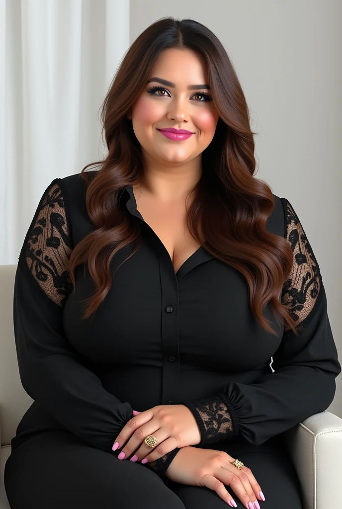 best qualityer:1.4), (ultra high resolution:1.2), (photorrealistic:1.6), (8k, CRU photo:1.2), 42 year old woman. long brown hair. pink lipstick. Black long sleeve shirt with lace. black jeans pants. She is 120 kg fat. She is sitting on a white chair in a photography studio with a white background.. He has a gold ring on his finger. The camera focuses on the face