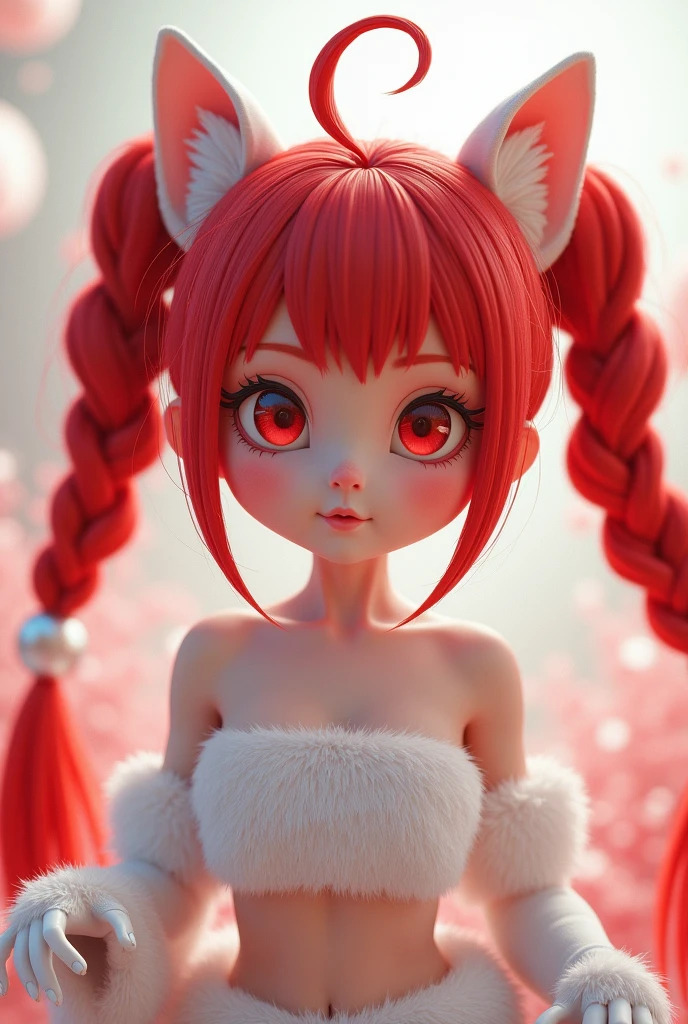 A red-eyed cutie with red hair in pigtails and braids and a white furry crop top and white gloves
