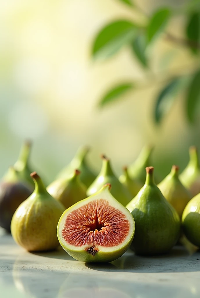 cover of large appetizing fresh figs, scattered image in vertical format, consider background colors like light green, yellow and white, elegant and formal style, photoshoot profesional