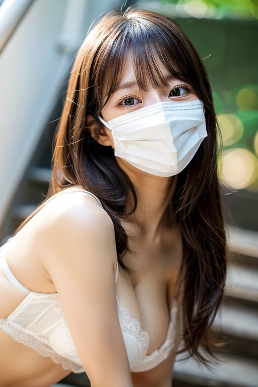 （（（（Full body nude））））、（（（（（Full Body Shot）））））、（（（（（On all fours）））））(8k, RAW Photo, Best Picture Quality, Masterpiece:1.2), (Realistic, Photorealistic:1.37), naturals, Ultra High Quality, Super Detail, Super fine, Fine Skin, Sharp Focus, bokeh, Glossy, Depth of Field, Shiny Hair, Shiny Skin BREAK の、Slim Japanese Gravure Idol、1 girl Japanese, milf, (30yo:1.5 ), smooth skin, no makeup, long hair, (light brown hair:1.2), black eyes, shiny eyes,Sexy Lingerie、looking away,(white mask:1.3)

