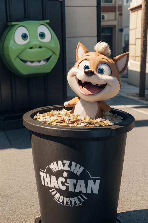 make a 3D cartoon logo of a drunk and laughing trash can