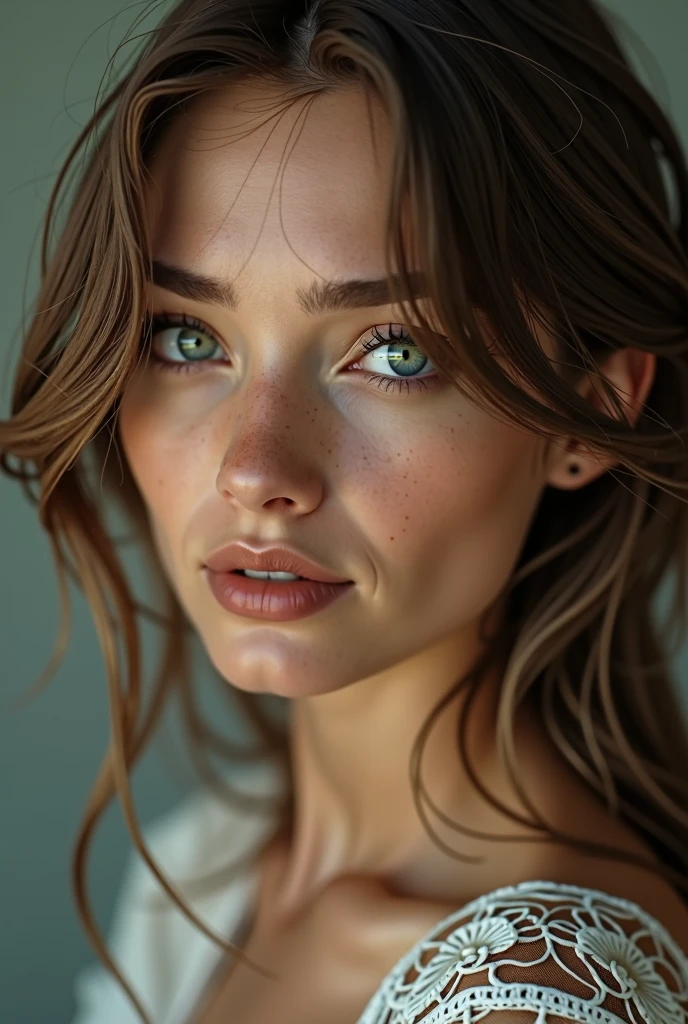 (photo realism 1.2) Pretty, very realistic woman with a square jaw, a thin mouth. Very detailed dark green eyes and shoulder-length light brown hair. very detailed
