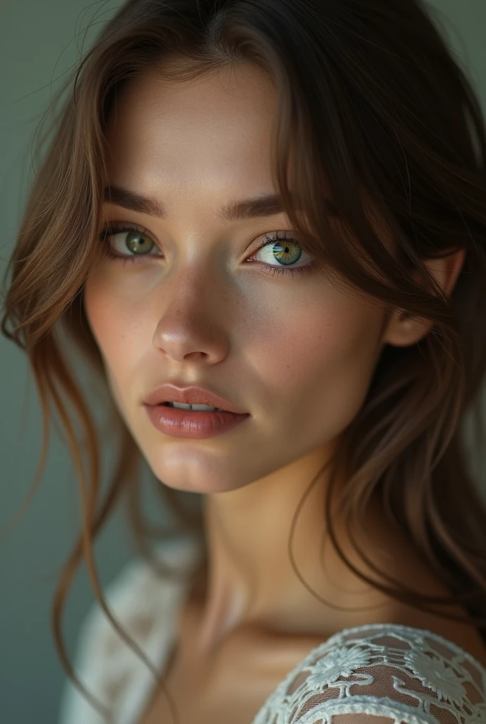 (photo realism 1.2) Pretty, very realistic woman with a square jaw, a thin mouth. Very detailed dark green eyes and shoulder-length light brown hair. very detailed