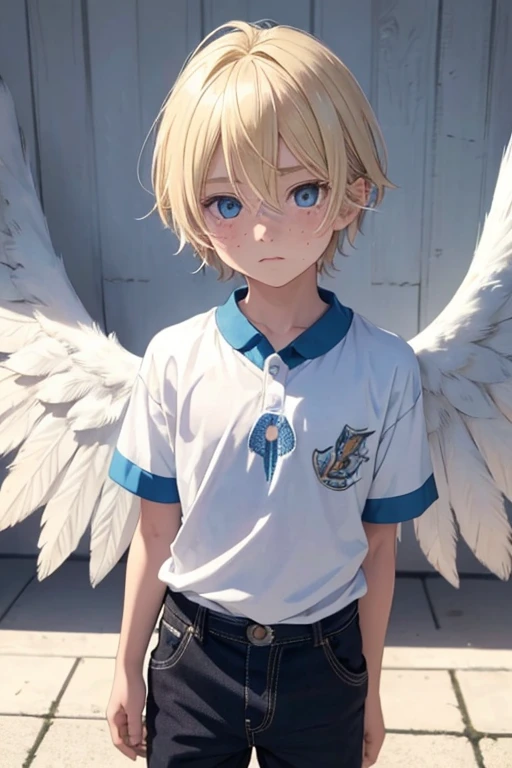 A male child boy,with blond hair,blue colored eyes,freckles,ángel wings,using shendyt.