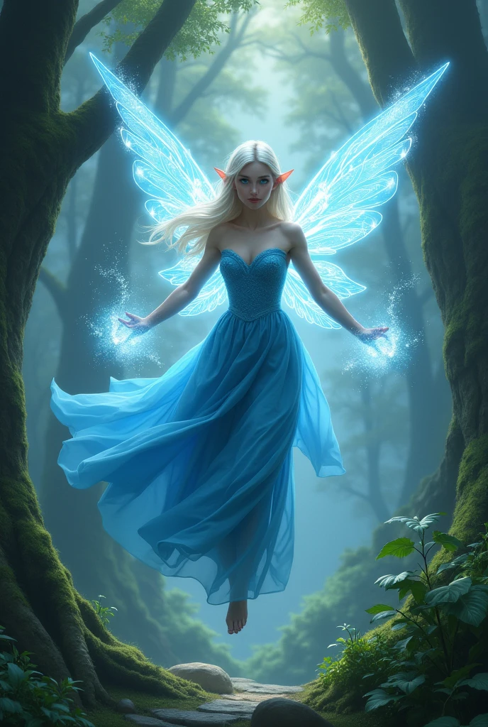 A fair-skinned fairy, blue colored eyes, very light blonde hair, pointy ears, with a blue dress and beautiful wings flying in an enchanted forest using her powers in a fantasy digital illustration style like a somewhat less realistic book cover