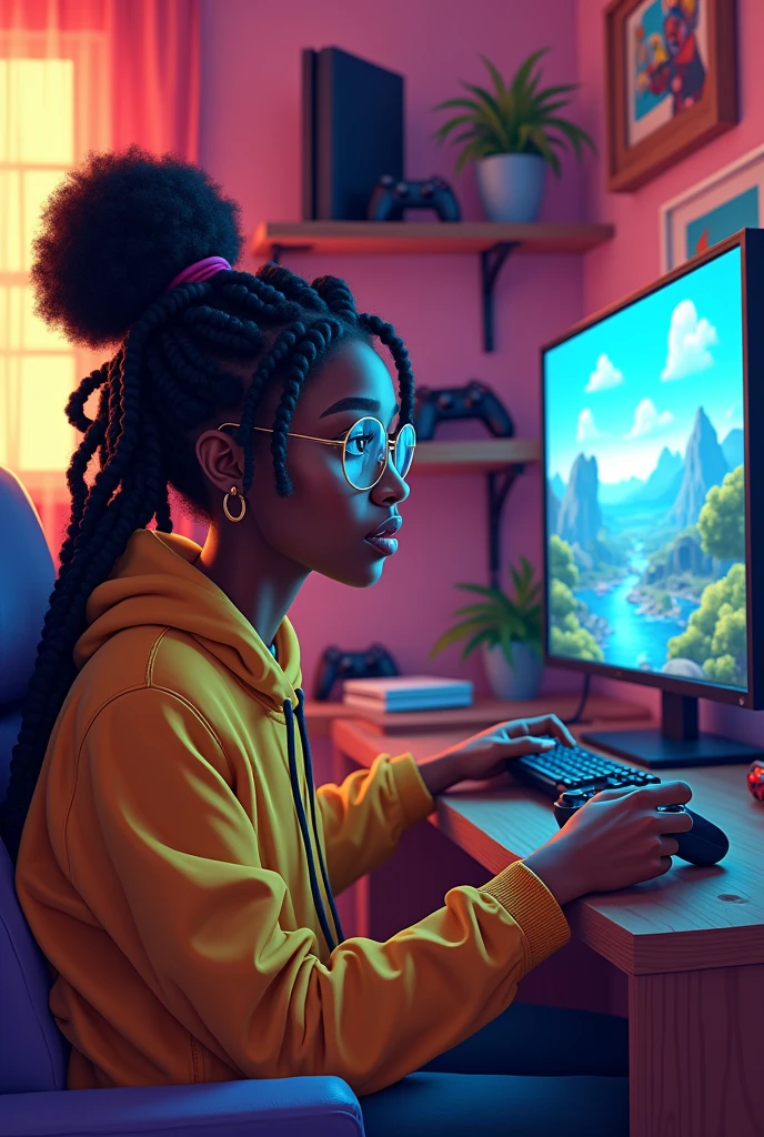 Create a 20 year old black girl with box braids and round glasses playing video games in a drawing