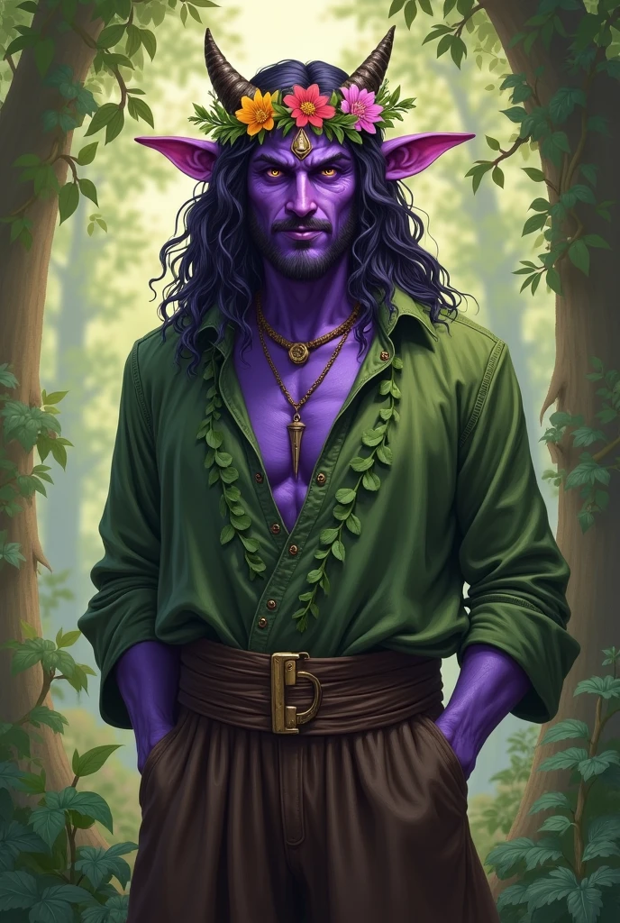 Create a tiefling, his skin is purple, he is a druid, he has a green shirt with leaf details on it, he has dark brown pants, he has small horns, he has long curly hair, he has a friendly and calm face, he has a flower crown, he is a man