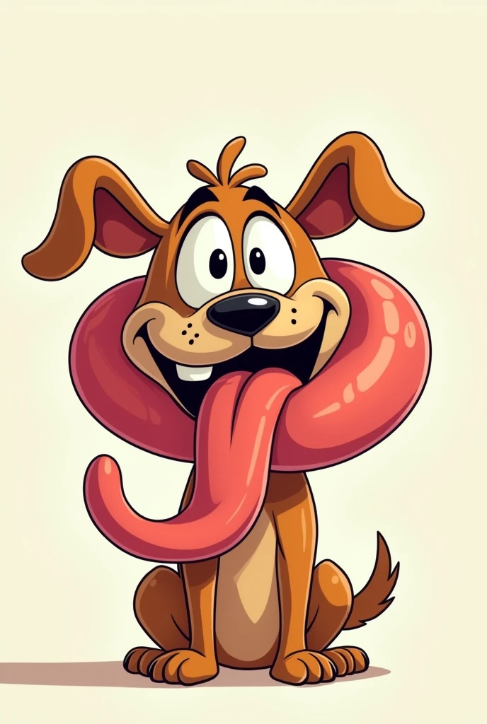 a dog with bulging eyes 
, with a very large tongue  , a giant tongue wrapping around its own head and squeezing  , the tongue goes around the dog , style cartoon
