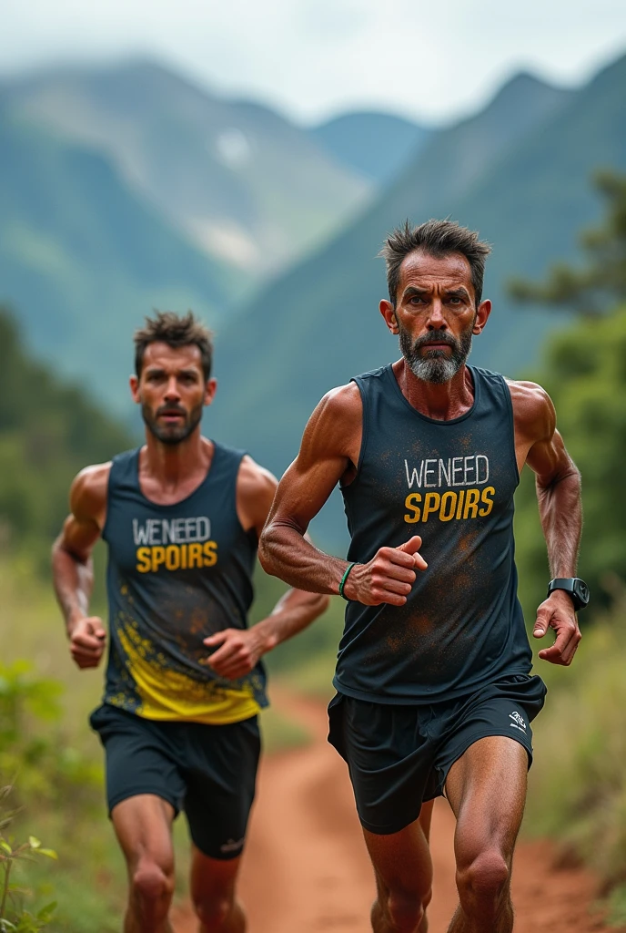 génère une photo sur la diagonale des fous à la réunion 🇷🇪 ultra trail de 175km avec 2 trailers qui ont sur leur t-shirt une écriture « nous avons besoin de sponsors »