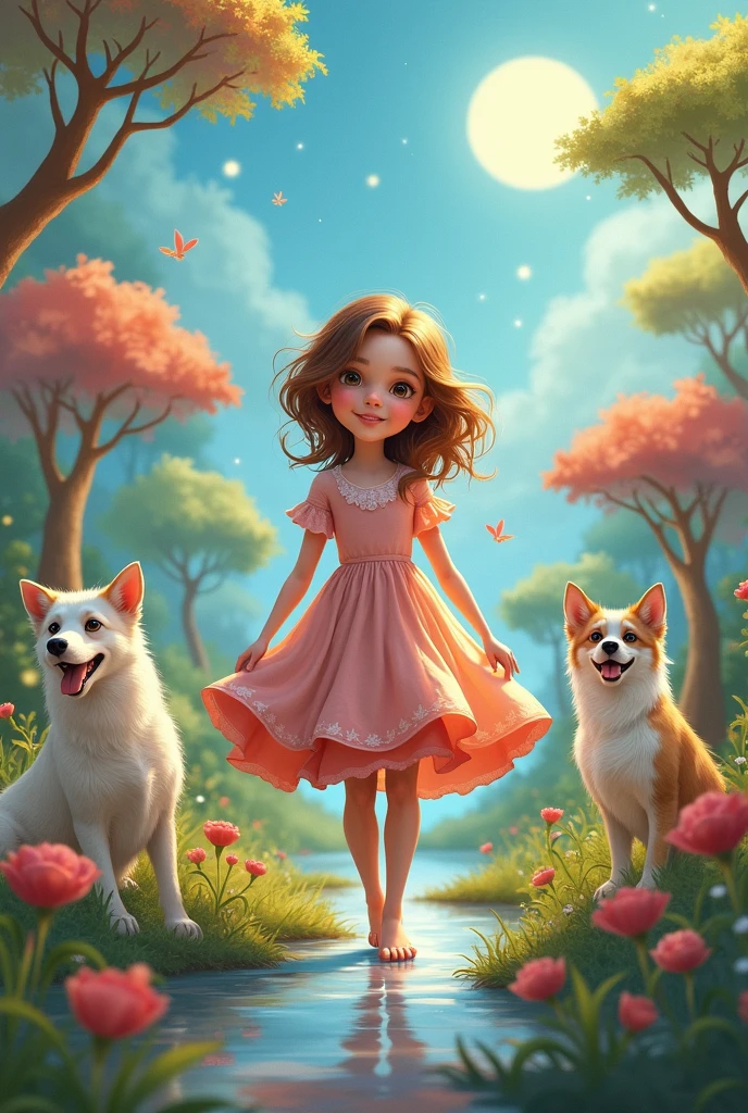 a painting of a girl in a dress and two dogs in a forest, concept art by Alexander Kucharsky, trending on artstation, fantasy art, children's art in artstation, Cute detailed digital art, adorable digital painting, Cute digital art, Fantastic matte painting,Cute, beautiful digital illustration, beautiful artwork ' digital art, colorfull digital fantasy art, Cute artwork