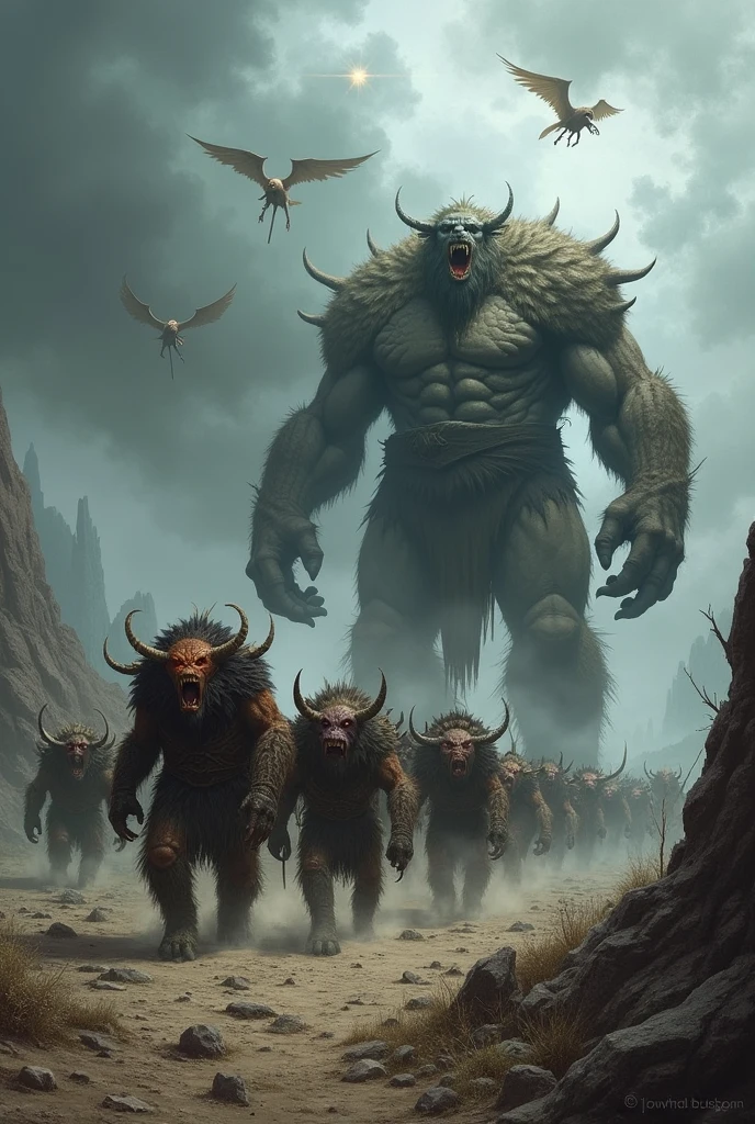 An army of giants, orc's, imps flying beasts and hellhounds marching together in the cloudy weather