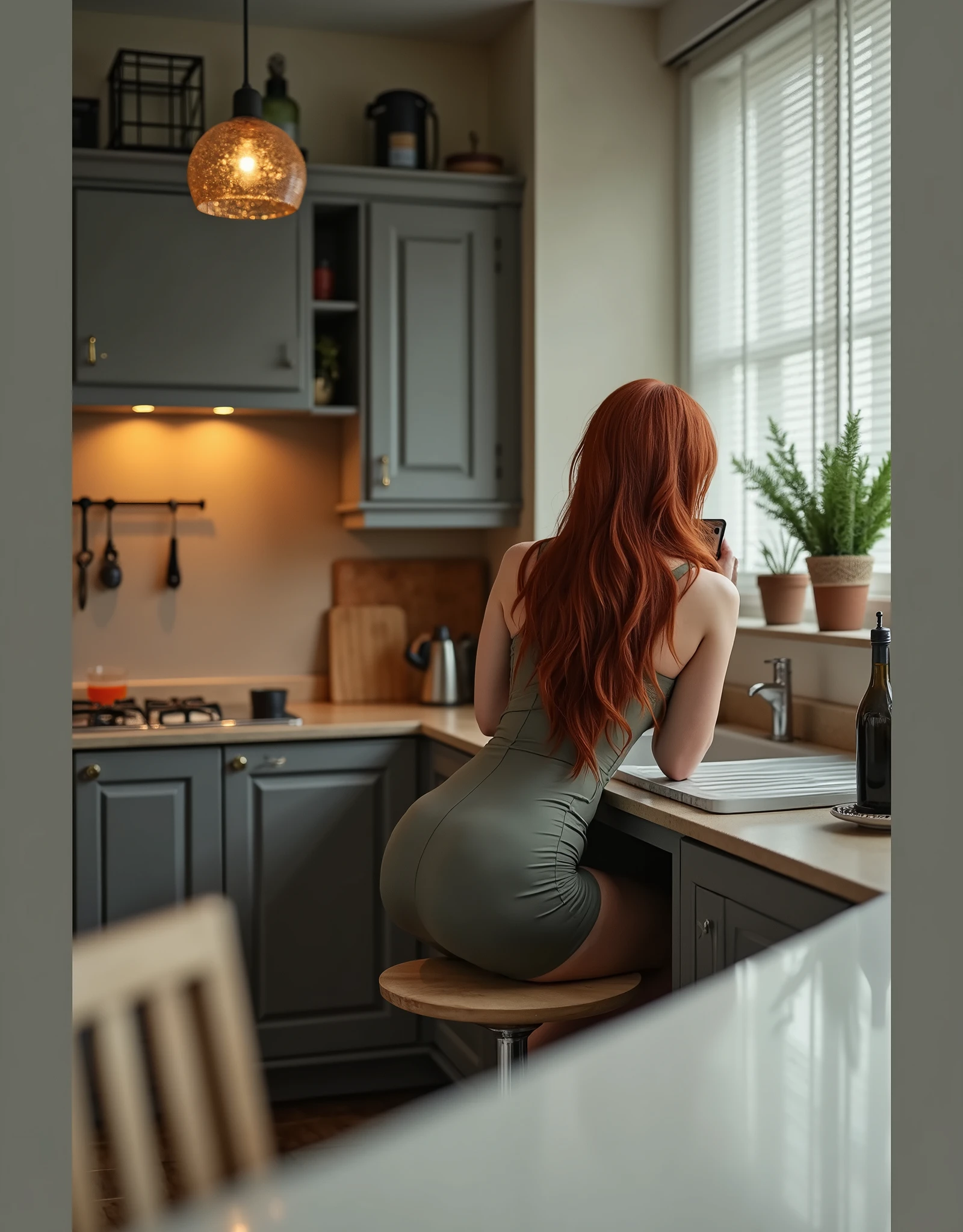 High-quality photograph of a сексуальная рыжуха на кухне, sits on a chair at the table and looks at the phone. back view. Redhead with a nice ass and big breasts.