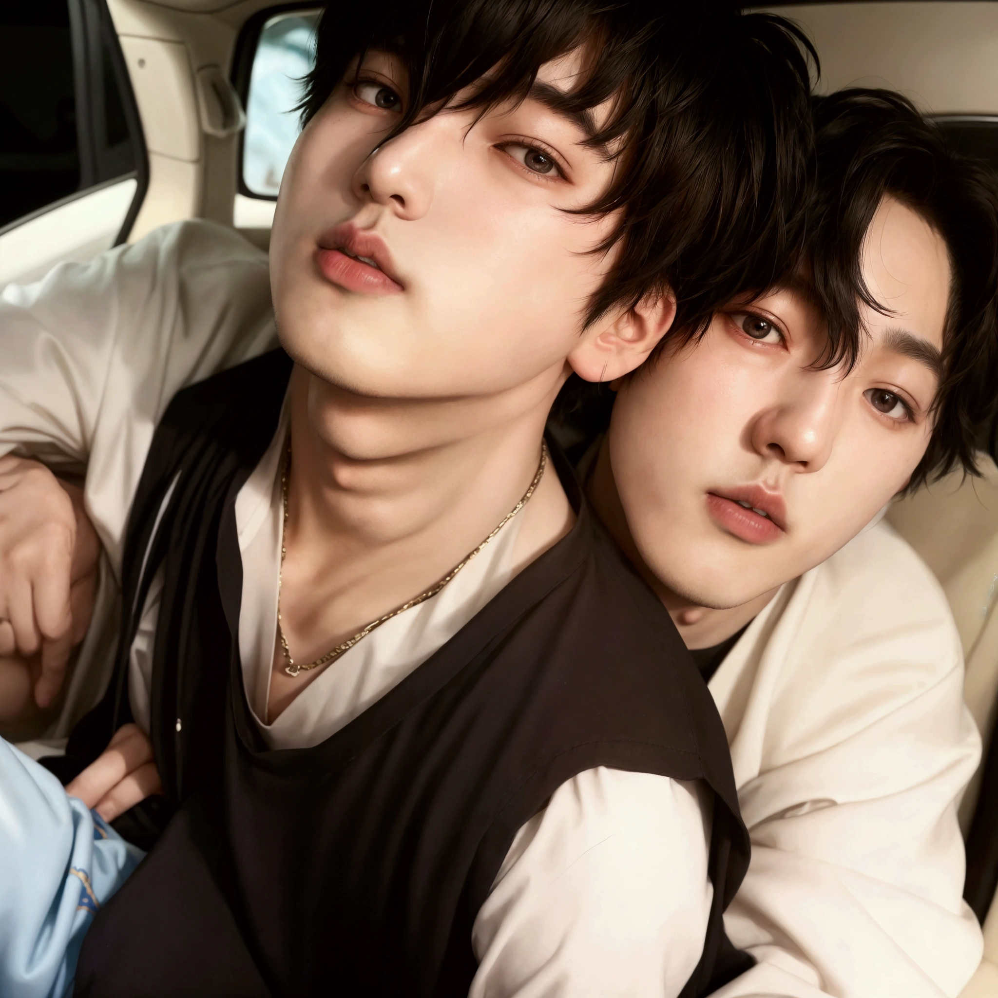 there are two people that are sitting in a car together, cai xukun, profile pic, cute boys, yaoi, jungkook, ✨🕌🌙, bts, sha xi, ❤🔥🍄🌪, profile image, beautiful aesthetic, male ulzzang, jimin, jimin\'s plump lips, unknown artist, lv, artist unknown, jia