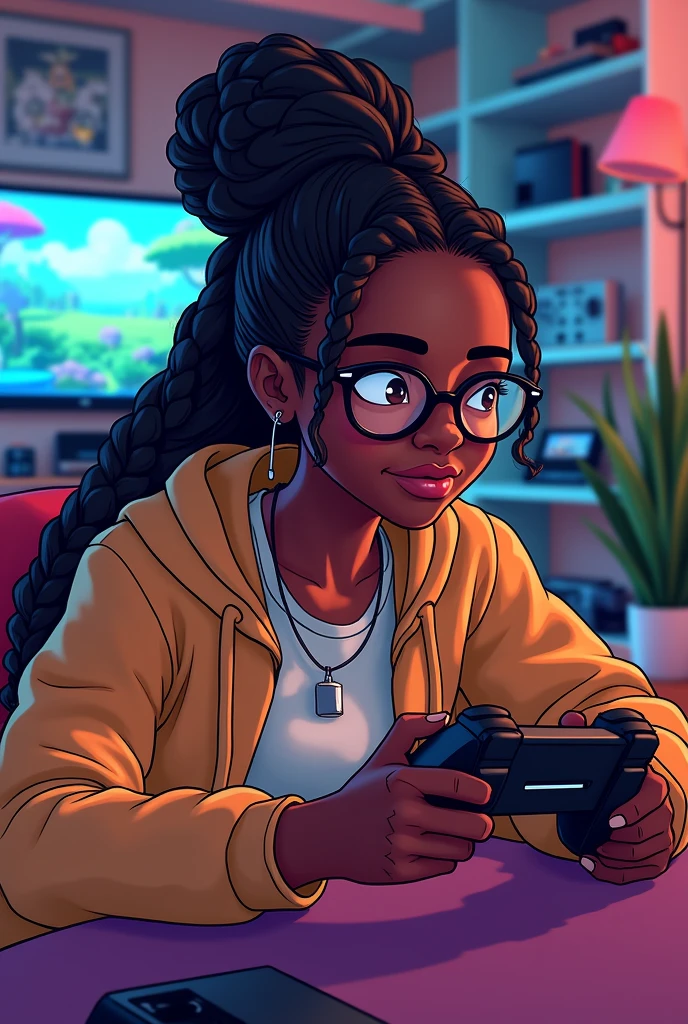 Create a 20 year old black girl with box braids and round glasses playing video games in a drawing