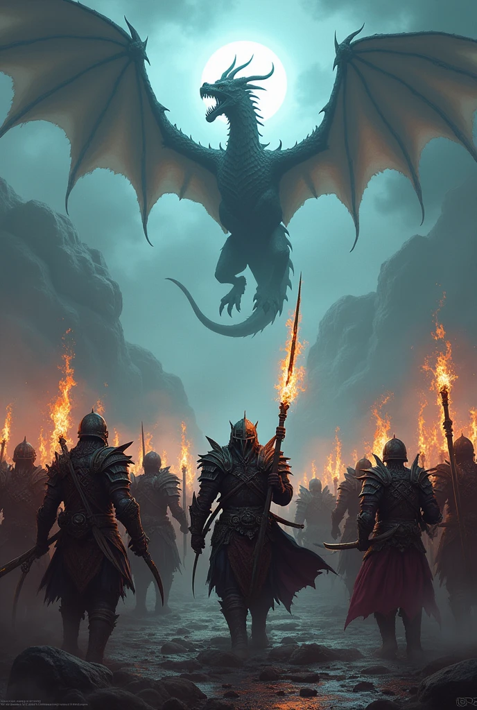 Create me an image with a dark and gloomy tone, with an army of World of Warcraft-style warriors, carrying weapons such as swords, axes, bows, crossbows, and staffs of ice and fire magic. There should be dragons in the sky representing the warriors, with flames coming out all over the place with red and yellow colors, keeping the gloomy style. Place a text underneath that says "Umbra Draconum", the text cannot be omitted. 