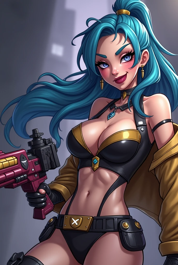 Generate Jinx from League of Legends with her breasts exposed looking at the camera, Jinx has her representative clothes from the game but with an open neckline, and she has her bazooka and her minigun in her hand with a sensual sadistic crazy face