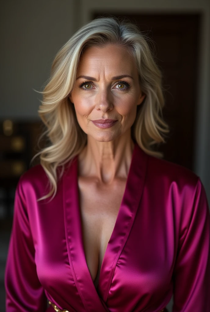 a close up of a woman in a red robe posing for a picture, fully clothed in red robes, red robe, seductive lady, in a silk robe, wearing a luxurious velvet robe, wearing fuchsia silk robe, sultry and beckoning, the super hot and sexy, clad in robes, in robes, she is about 6 0 years old