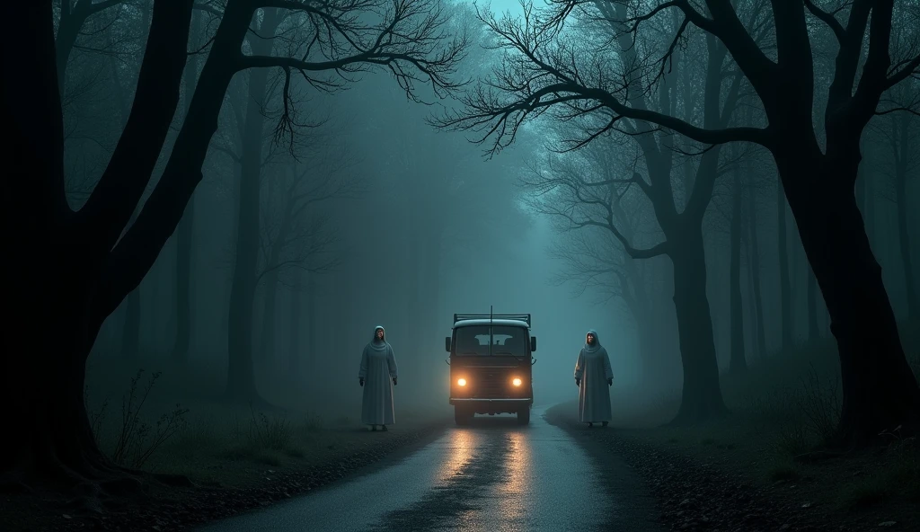 Create a realistic and dark image of a vehicle traveling on a wooded curve and the appearance of two nuns dressed in white walking through the wooded curve, Nuns must have fire in their eyes