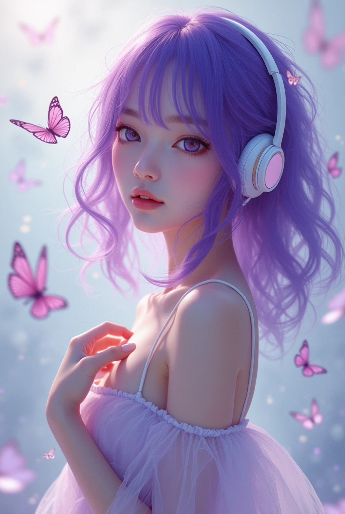 Korean purple hair butterfly woman with headphone in mini skirt