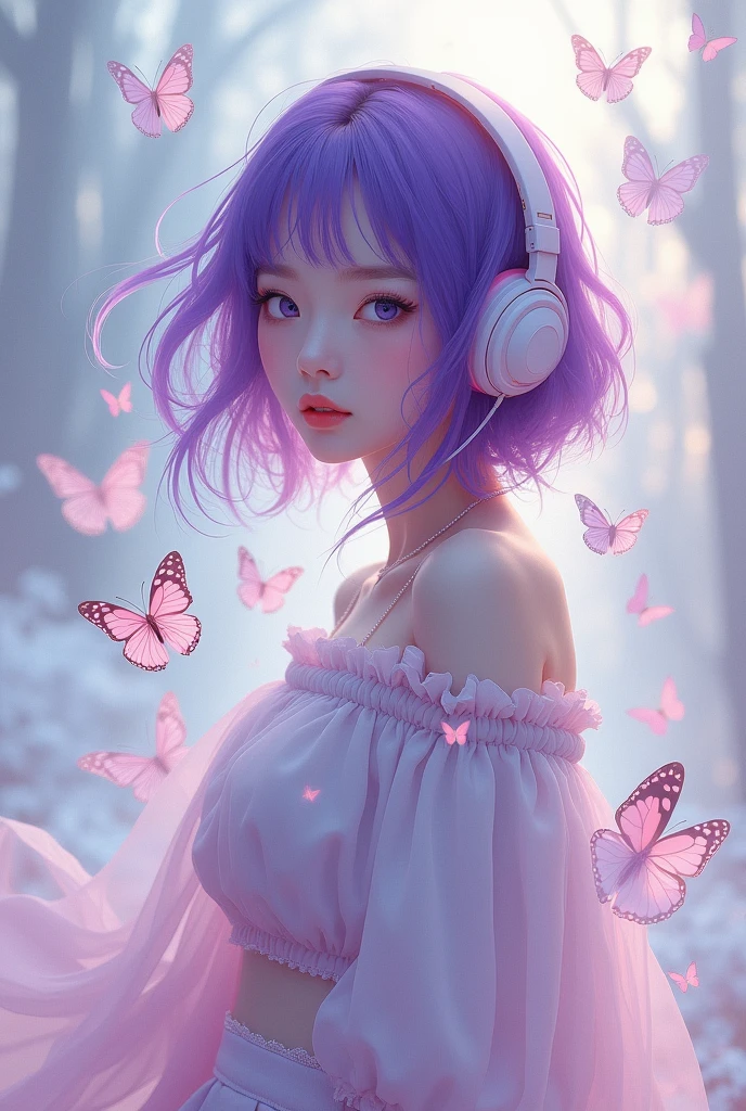 Korean purple hair butterfly woman with headphone in mini skirt