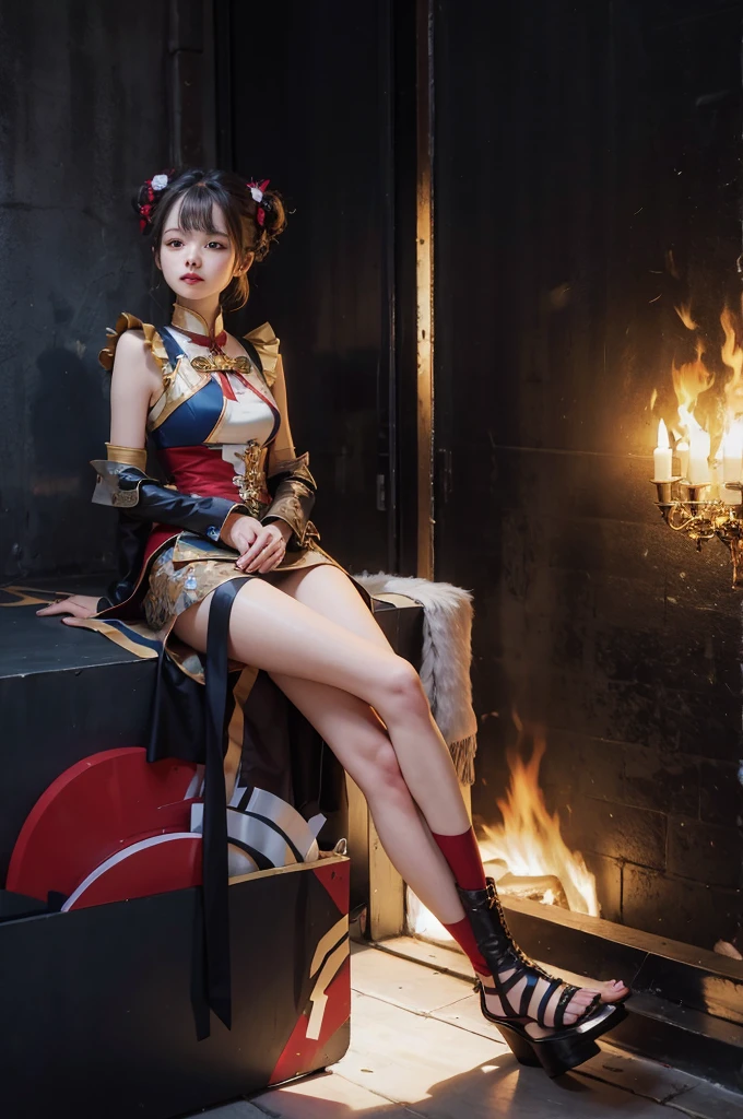 A hyper-realistic、ultra-detailliert、hight resolution、Hi-Res、top-quality、There is a goddess of Japan trapped in heights by a machine, srestrained, Surreal 18-year-old Japan goddess, tied with chair, in a prison cell, Shibari, sitting in a prison, Rope Bondage, Brown hair with voluminous straight long hair、Surreal 18-year-old Japan goddess, Anaglyph effect , in the dungeon, Sitting on a metal throne, ((srestrained))、A hyper-realistic、ultra-detailliert、top-quality、hight resolution、Wearing a black beret and a red and black uniform、Cosplay Gravure Idol、long hair with voluminous brown blonde hair,,,,,,,,,,,,,,,,,、G Cup、Wearing a black crop jacket with a large collar、Wearing black instep and red palm gloves、The waist belt comes with several small pouches、Bullets hang from both sides of the hips to the thighs、Red band hanging from under the chest、big butts、Attractive thighs like a female wrestler、Thin black panties、Black garter stockings with red star logo、Wear short boots with high heels in red and black intricate design