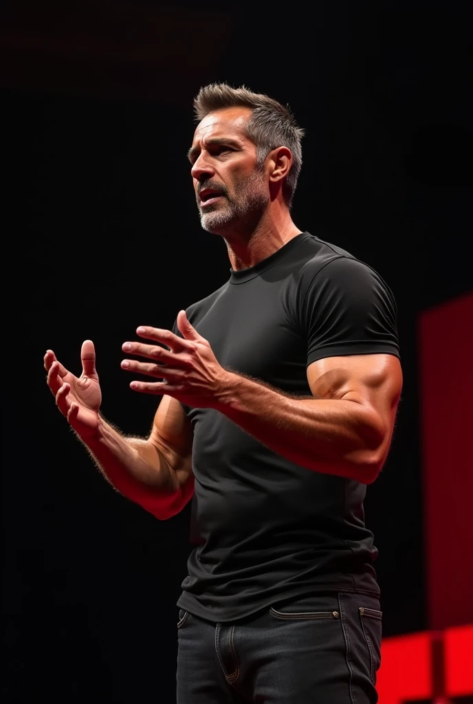 A muscular Italian man in his late 40s with a Greek god physique. He is wearing a silky black fit tshirt and jeans. He is at a tedx conference. Captured mid-speech.