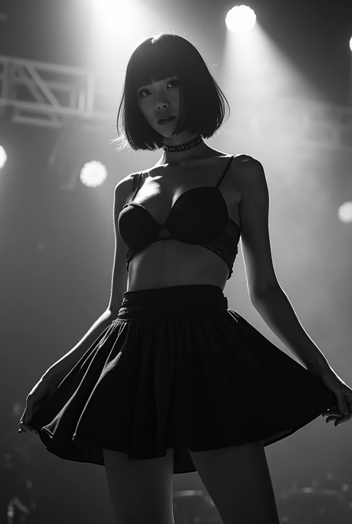 Black and white photography、Live footage、Asian woman with short bob、band、skirt、Beautiful Face、Punk Rock、Large Breasts、Satomi Ishihara、Cleavage、Stage Lighting、smoke、mist、Alice Hirose、Solo artist、skirtめくり、
