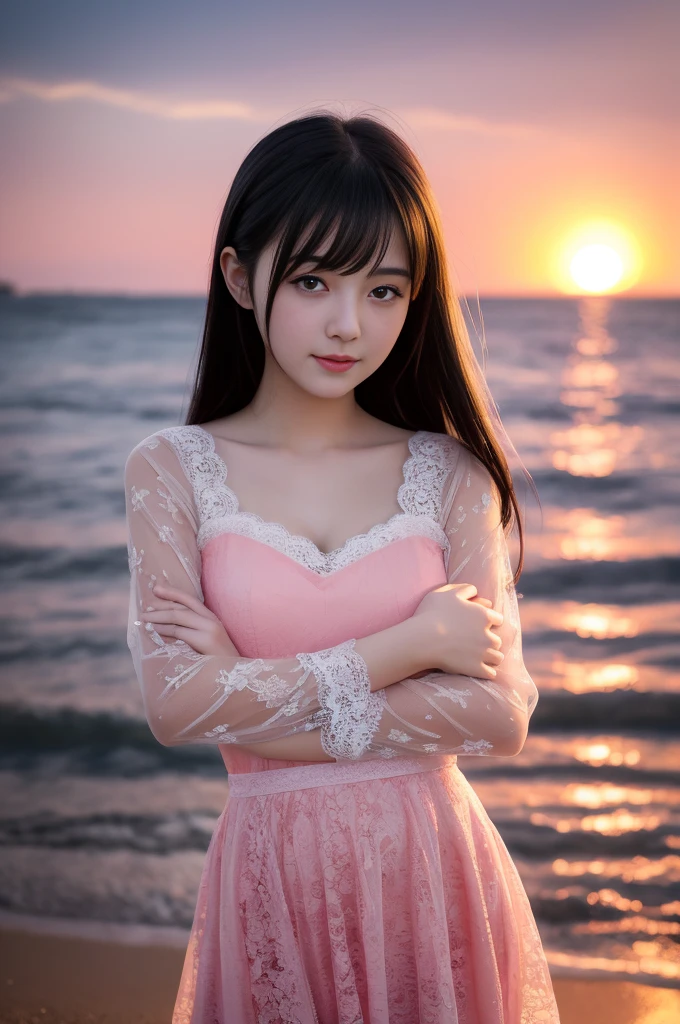Beautiful female face, ,Vivid and charming eyes, drama, A masterpiece of the finest quality, Realistically, detailed, 8K, High Dynamic Range, Shallow depth of field, Movie Lighting, bloom, Shining, Chromatic Aberration, Clear focus，Girl hugging Shiba Inu and kissing、Beautiful evening sunset ，Happy，fireworks，seaside，Real beauty and sweetness，Black hair with pink highlights，Japanese，，Lace sexy dress