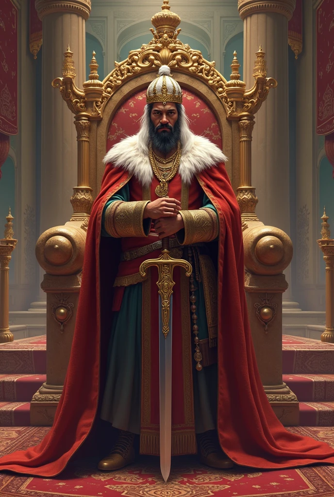 A sultan with a large throne room standing in front of his huge giant-like throne with a curved sword in his imposing hand 