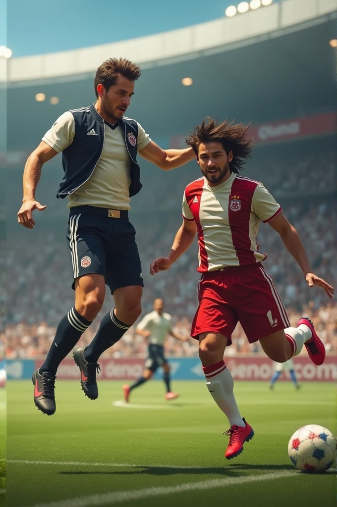 Draw Ibai Llanos and Han Solo playing soccer and scoring a last minute goal for the win