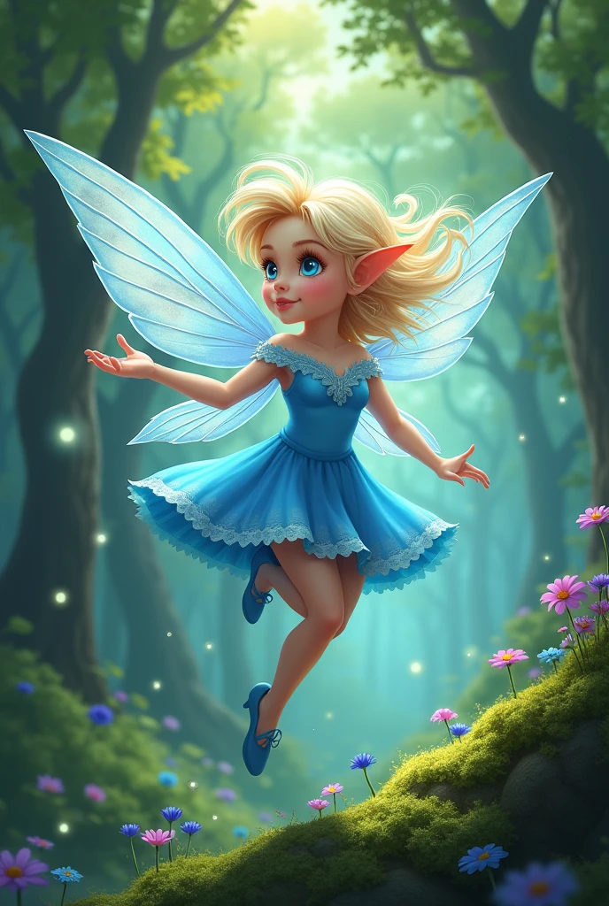 A fair-skinned fairy, blue colored eyes, very light blonde hair, pointy ears, with a blue dress and beautiful wings flying in an enchanted forest using her powers in a fantasy dogital illustration style as a book cover in a less realistic style with some cartoon style elements and concept art