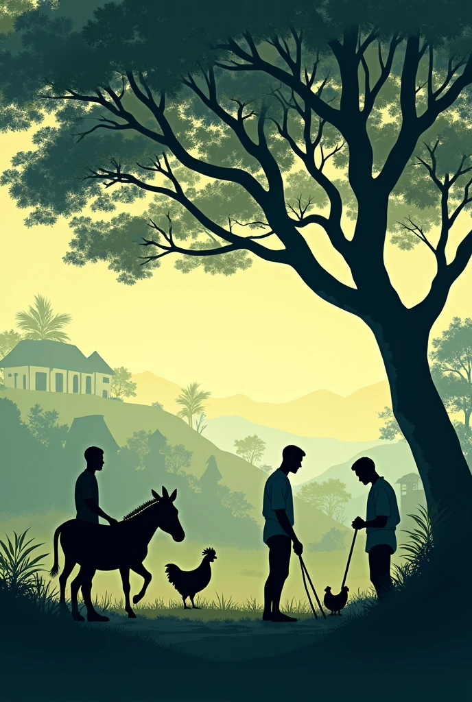 Four silhouettes of male farmers raising chickens and a donkey with a tree giving them shade and some houses made of bareque and palm in the background

