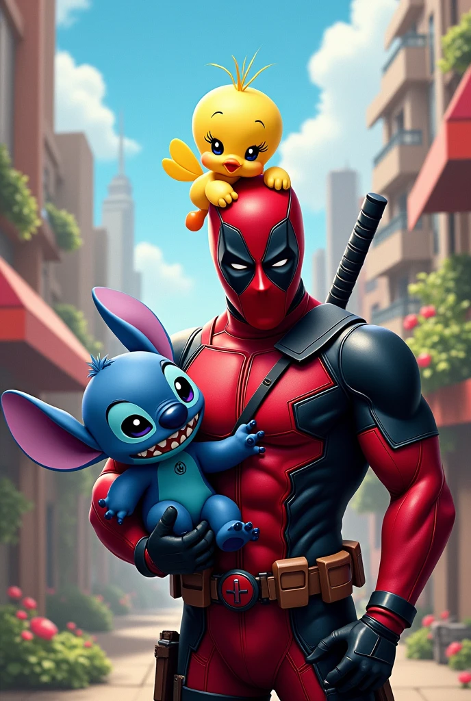 Imagen con Deadpool con Pokémon Stitch y con piolin