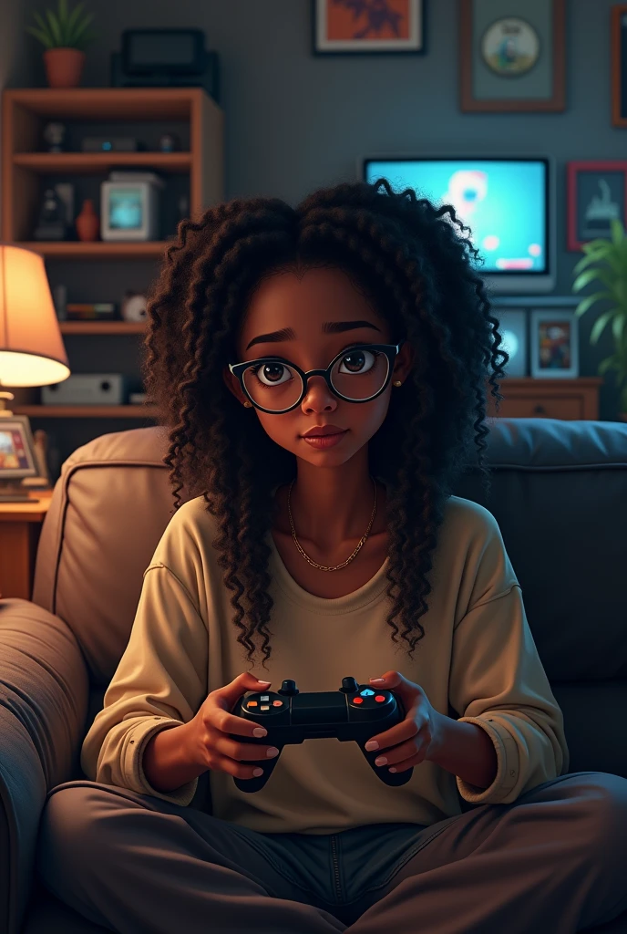 Create a 20 year old black girl with braids and round glasses playing video games in a drawing