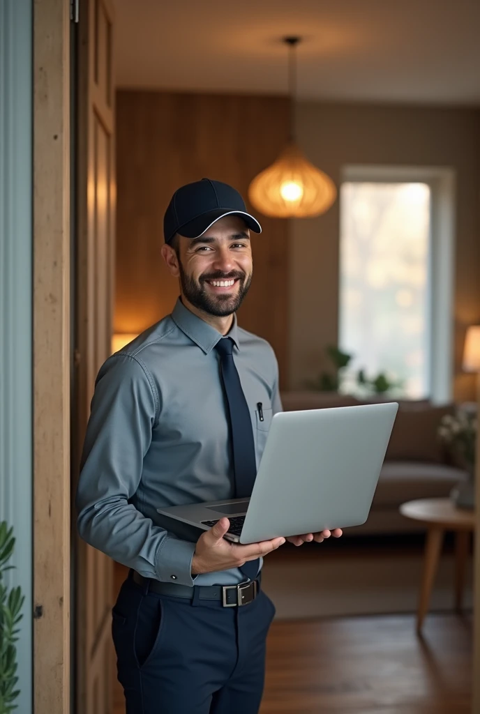 (photorealism:1.2), Create an image of a smiling, handsome man, dressed in the classic attire of a computer technician, wearing a cap. It must be seen coming out from inside a mobile phone seen from the side. The man is delivering a laptop to a client's house. The background of the scene should represent a warm and modern home., with elements such as contemporary furniture, Soft lighting and cozy details that convey a feeling of comfort and hospitality