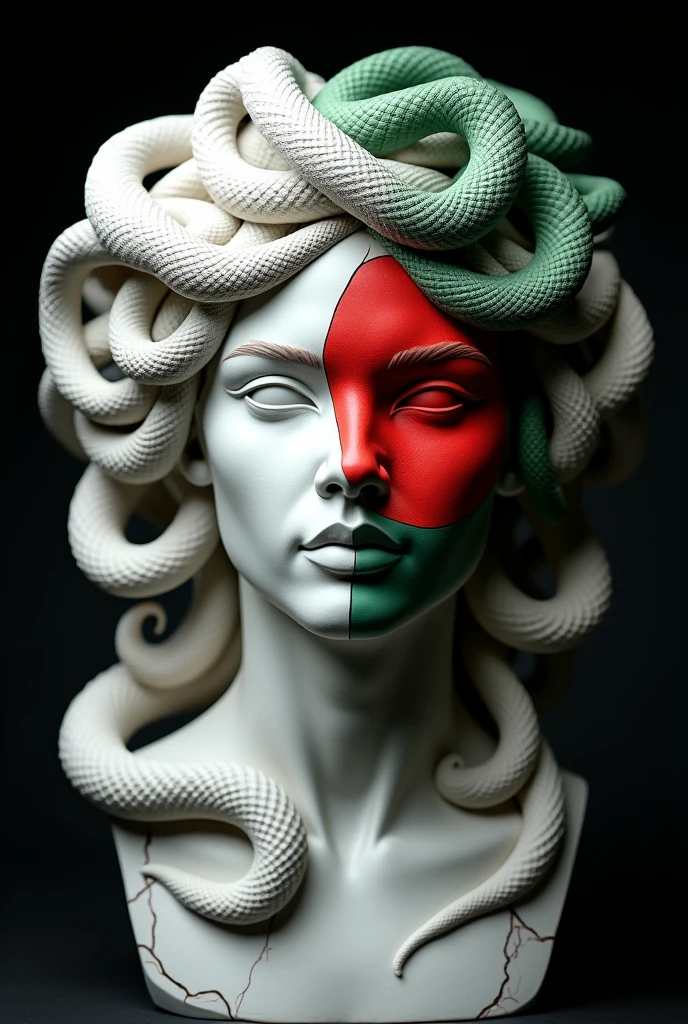 Medusa white sculpture with the face painted as the flag of bangladesh dark themed with the face cracks and black background